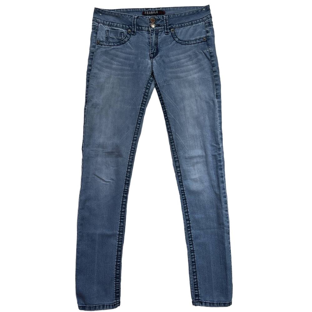 Fragile Skinny Blue Jeans Mid Rise Medium Wash Denim Juniors Size 7
